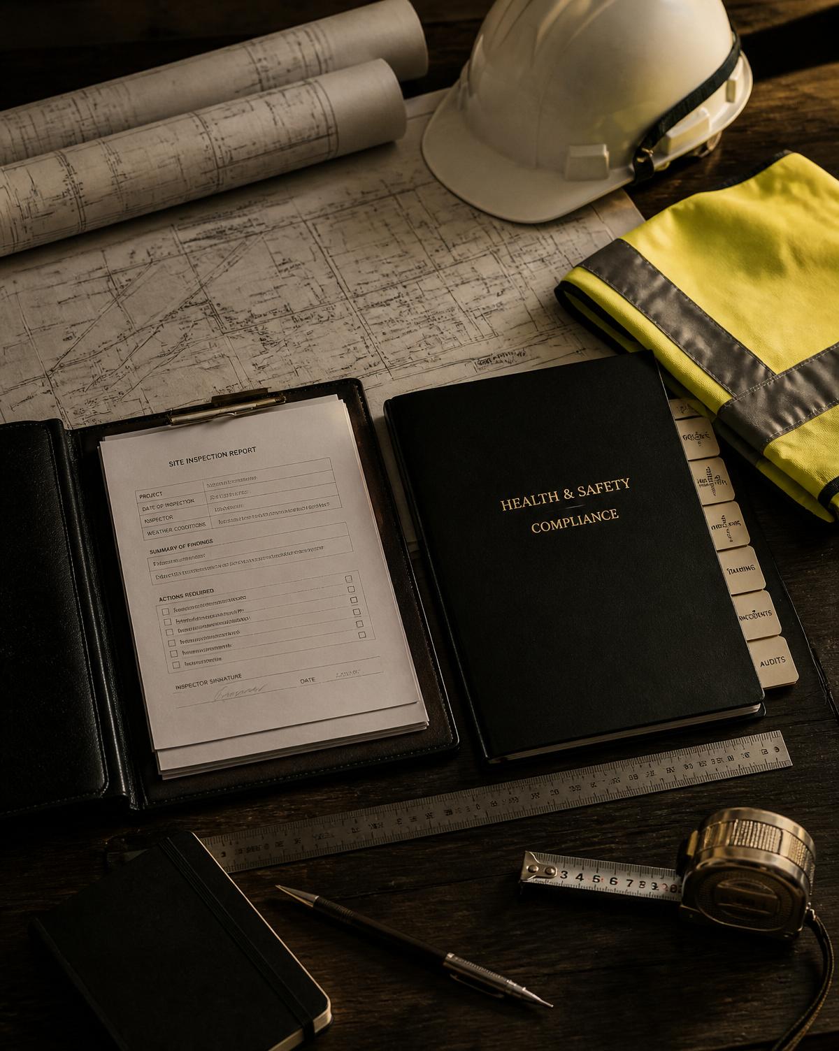 Organised Health & Safety consultancy workspace: site plans, inspection reports, hard hat, high-vis PPE and compliance folder